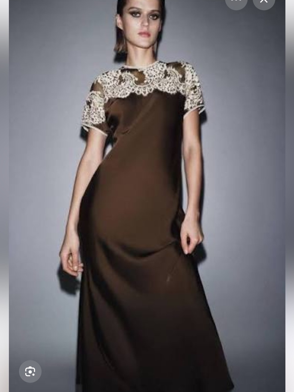 ZARA Brown Satin Midi Dress with Ivory Lace Yoke
